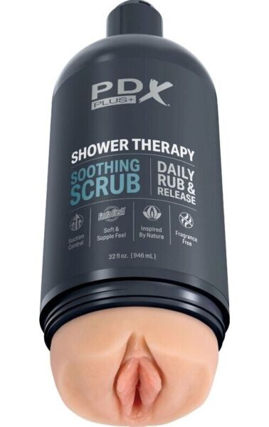 Masturbator PDX Plus Shower Therapy Soothing Scrub in de vorm van een shampoofles
