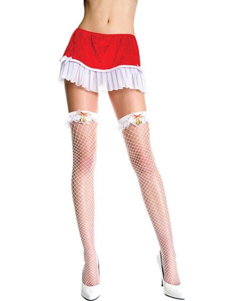 Witte netkousen Music Legs Campanilla, met strik en belletjes op de jarretelband