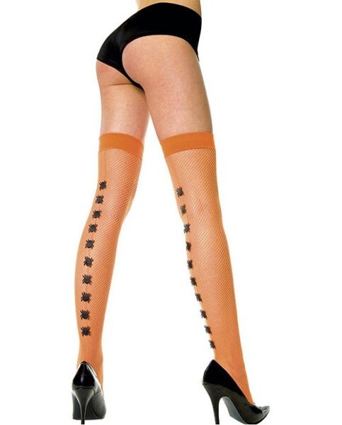 Oranje netkousen van Music Legs met spinnenapplicaties aan de achterkant van het been