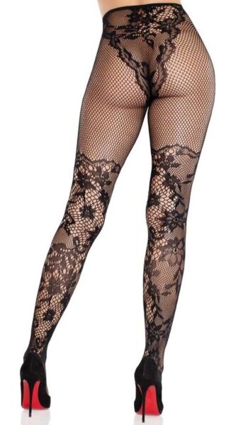 Panty Leg Avenue Dahlia Lace Tights in zwart, met bloemenkant en net op de dij