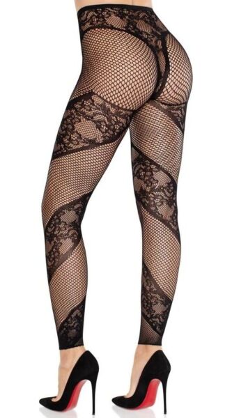 Leg Avenue Lace and Net Illusion panty zonder voet in zwart, van net met kanten panelen