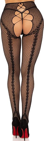 Zwarte netpanty met open kruis Leg Avenue Karma, met achternaad en hart