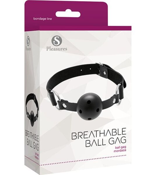 Zwarte S Pleasures Breathable Ball Gag mondknevel, met doorlucht bal, metalen ringen en band met gesp