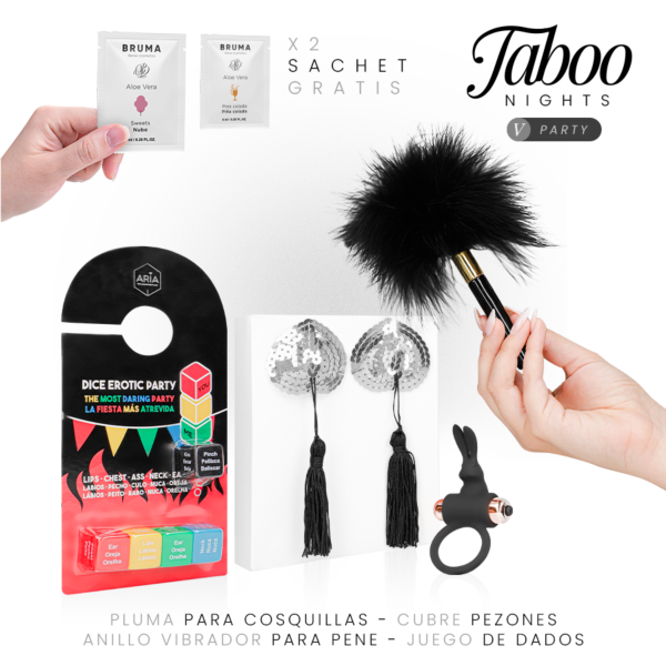 Erotisch pakket Taboo Nights 5: Party met dobbelspel, vibrerende cockring, tepelplakkers, plumeau en glijgels