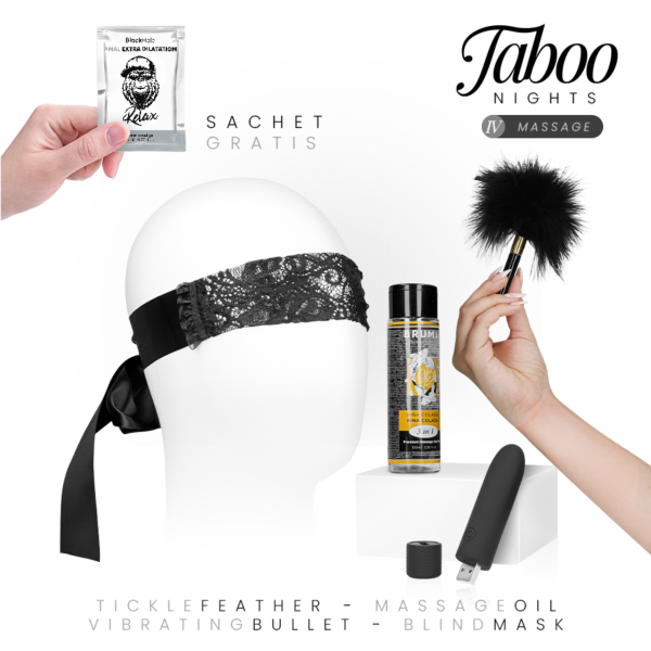Taboo Nights 4 Massage-set met Bruma-olie, Geri-bullet vibrator, blinddoek, veer en Black Hole-anale gel