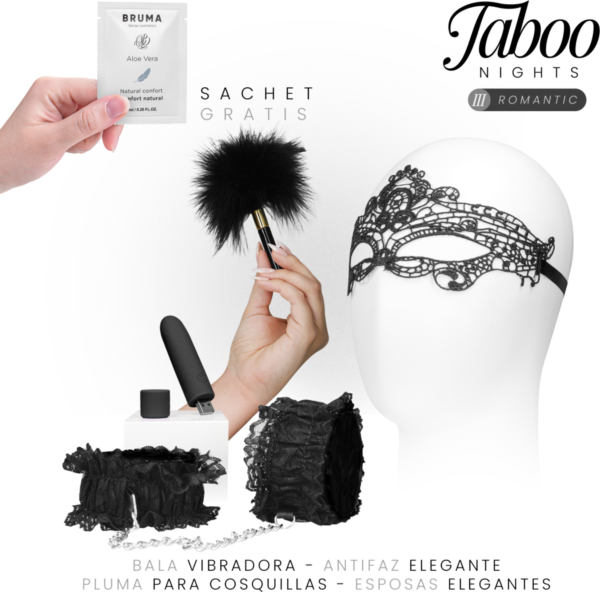 Taboo Nights 3 Romantic Dreamkit met blinddoek, bullet vibrator, zwarte kanten polsboeien, veren en glijmiddel