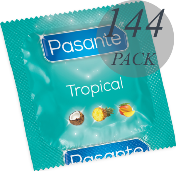 Doos met 144 Pasante Tropical condooms met smaak van mango, ananas en kokos