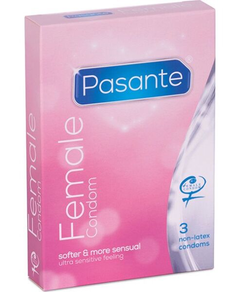 Doosje met 3 Pasante Internal Condom femidoms en een verpakking