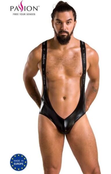 Herenbody Passion Body Bruno in zwart lamé, met jockstrap-achterkant