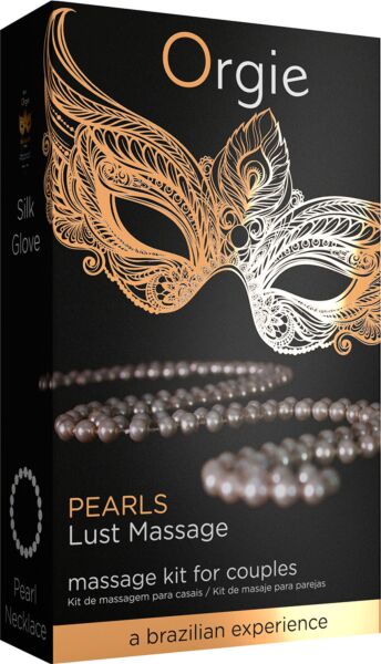 Massageset Orgie Pearls Lust Massage met de fles Silk Glove gel, het parelcollier en de gids