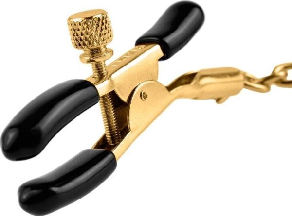 Fetish Fantasy Gold Chain Nipple Clamps tepelklemmen in goudkleur en zwart, verbonden door een ketting