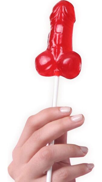 Display met 40 Secret Play-aardbeilolly’s in de vorm van een penis