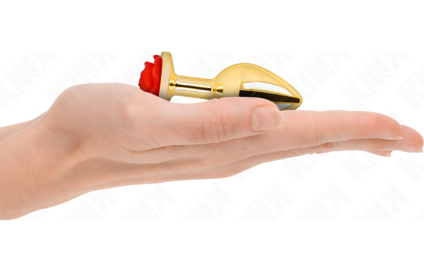 Kink rode roos buttplug S van goudkleurig staal, met conische schacht en een rode roos aan de basis