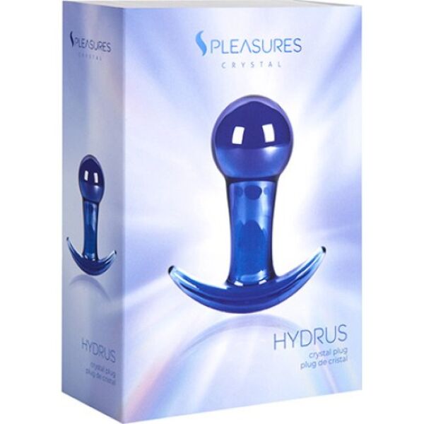 Buttplug S Pleasures Crystal Hydrus, transparant blauw, met greepbasis