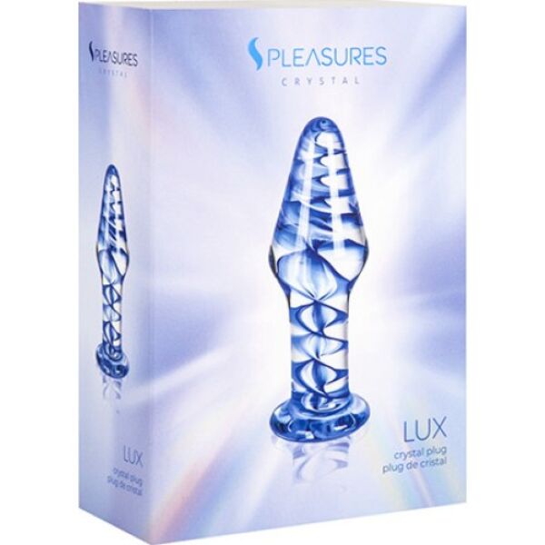 Buttplug S Pleasures Crystal Lux, transparant met een blauwe spiraal erin
