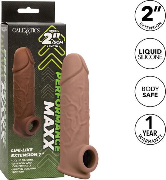 Holle penis sleeve CalExotics Performance Maxx Life-Like 7 in donkere huidskleur met geïntegreerde ballenband