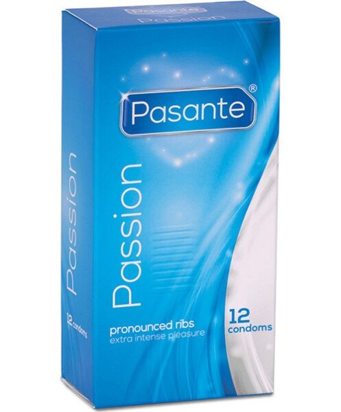 Doos met 12 Pasante Passion condooms met ribbels en noppen