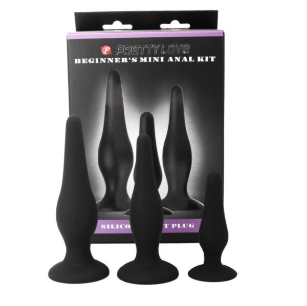 De drie buttplugs van de Pretty Love Initiation Kit, in klein, middel en groot