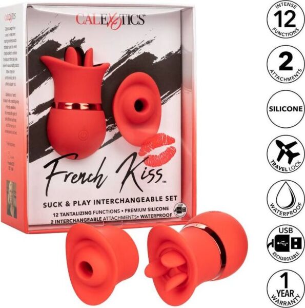CalExotics French Kiss Suck & Play Set luchtdrukvibrator in rood, met twee verwisselbare opzetstukken