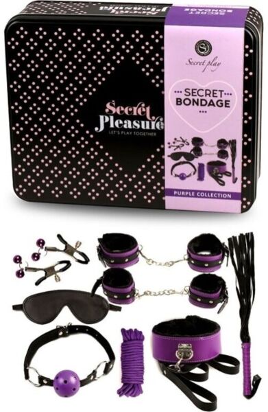 Bondageset Secret Play met zweep, handboeien, ballgag, touw, blinddoek, halsband en tepelklemmen, alles in zwart