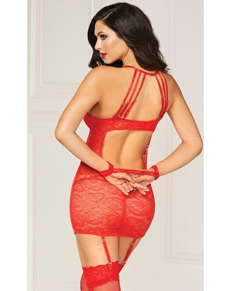 Lingerieset Chemise Set Seven 'til Midnight rood, kanten jarretellejurkje met halternek en bijpassende handboeien