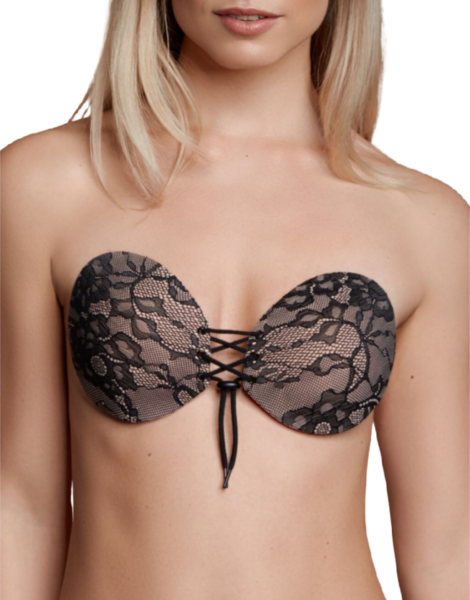 Zelfklevende bh Bye Bra Round Lace-it, met twee cups en voorsluiting met koordjes