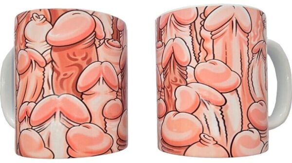 Keramische penismok Diablo Picante Color Penis Mug met kleurrijke penistekeningen en een wit oor