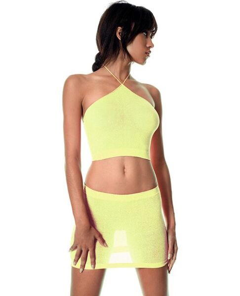 Music Legs set met top met halterbandje en lurex rok in neongeel