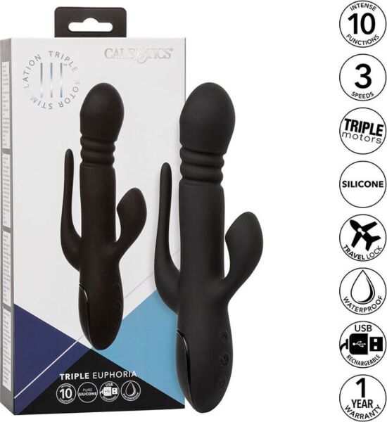 Rabbitvibrator CalExotics Triple Euphoria met schacht, zuigstimulator en staartje