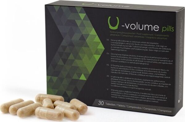 Doosje van het voedingssupplement 500Cosmetics U-Volume Pills, met tabletten