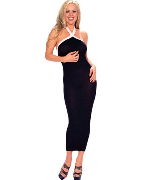 Lange jurk Music Legs zwart met wit, met bandjes om de nek