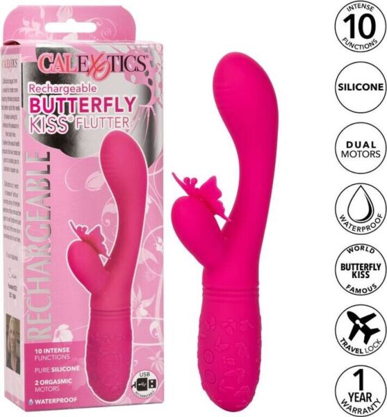 Roze CalExotics Butterfly Kiss Flutter vibrator, met de arm voor de G-spot en de vlinder