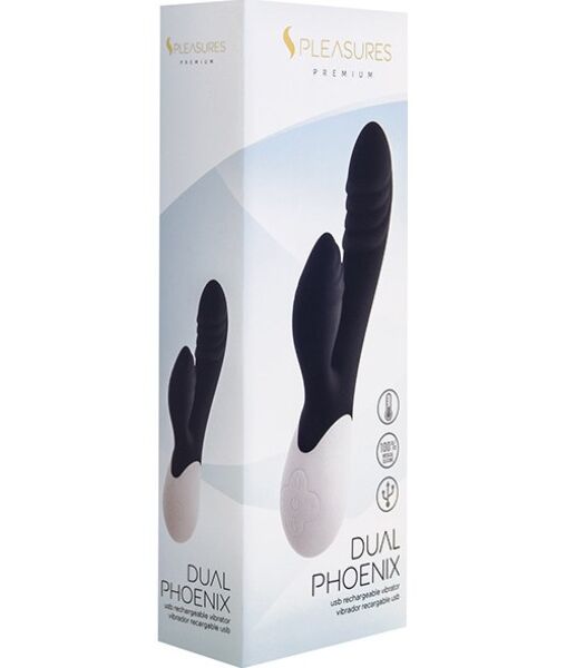 Rabbitvibrator S Pleasures Dual Phoenix in het zwart, met de arm voor de clitoris