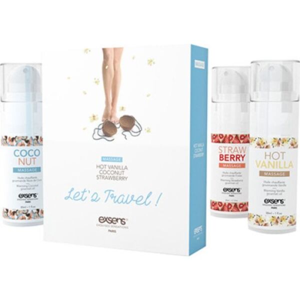 Exsens Warming Gourmet Let's Travel massageolieset met drie flacons met aardbei-, kokos- en vanillesmaak