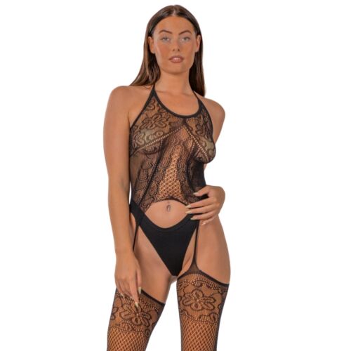 Bodystocking Lace Halternek Zwart
