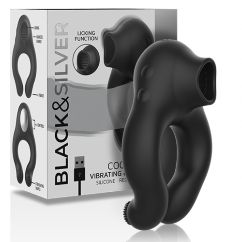 Vibrerende cockring BLACK&SILVER met Licking-stimulator
