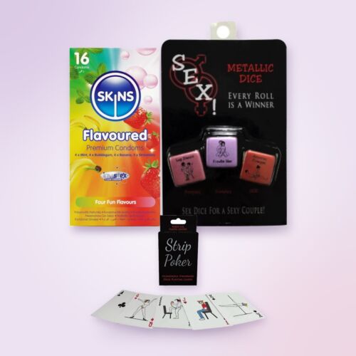 Grappige lootjescadeauset met Strip Poker, dobbelstenen en condooms met smaakjes