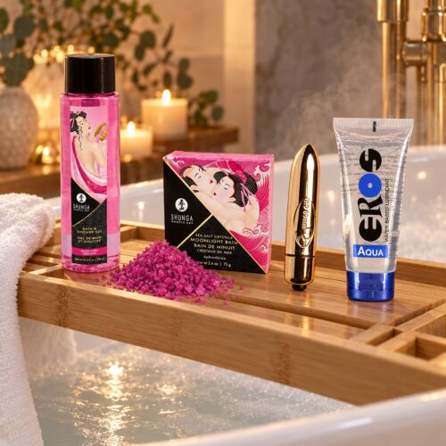 Set voor douche en bad met onderdompelbare bullet vibrator – sfeerbeeld (met AI gegenereerde afbeelding)