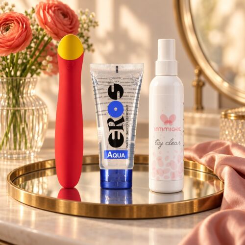 Set voor de G-spot met ROMP Hype vibrator en glijmiddel – sfeerbeeld (met AI gegenereerde afbeelding)