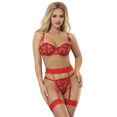 Sexy lingerie set SUBBLIME HEART PRINT BRA + THONG + GARTER BELT