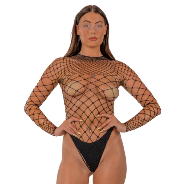 Lace by LJ Fence Net Long Sleeved Thong Bodysuit Black Lace by LJ Fence Net Long Sleeved Thong Bodysuit Black