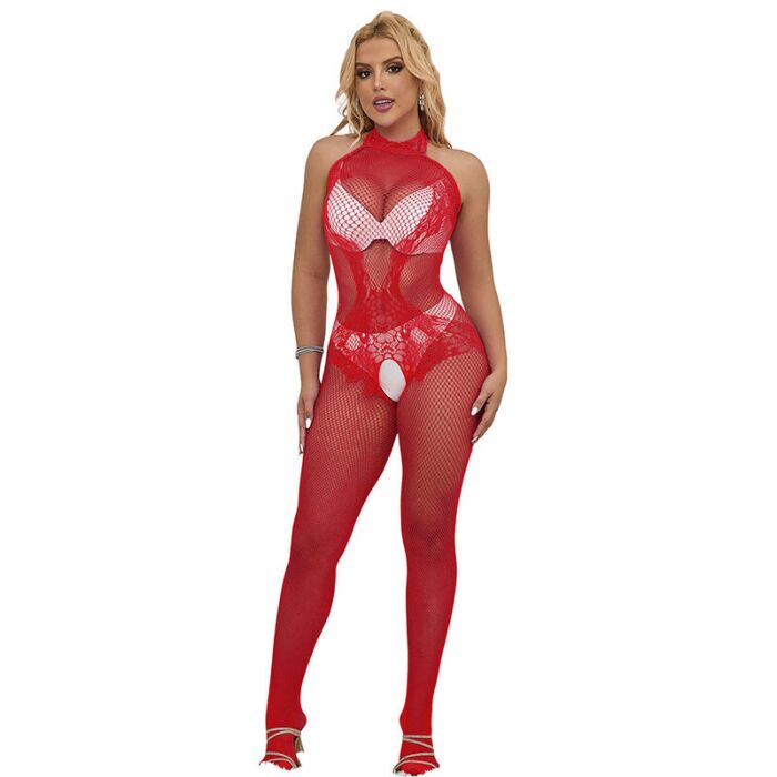 SUBBLIME - 952372 FISHNET AND LACE CROTCHLESS BODYSTOCKING WITH HIGH NECK RED ONE SIZE SUBBLIME - 952372 FISHNET AND LACE CROTCHLESS BODYSTOCKING WITH HIGH NECK RED ONE SIZE