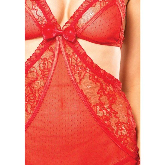 Leg avenue conjunto 2 piezas chemise tipo delantal con cinta satn y tanga rojo